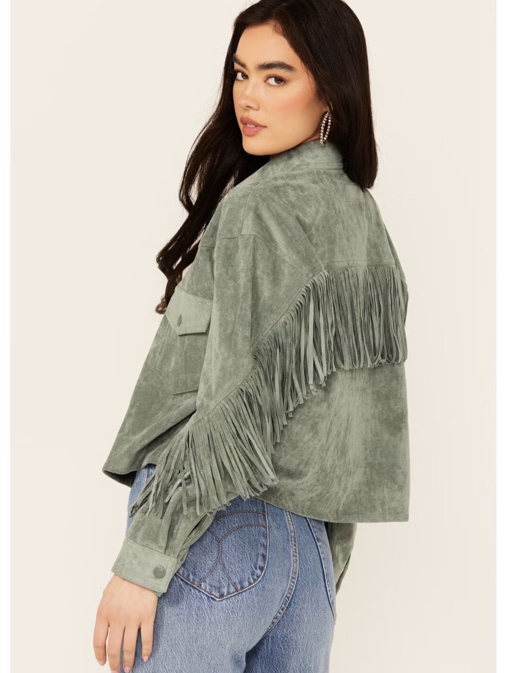 Blank NYC x Free People Faux Suede Fringe Jacket- Sage Green, Size Small